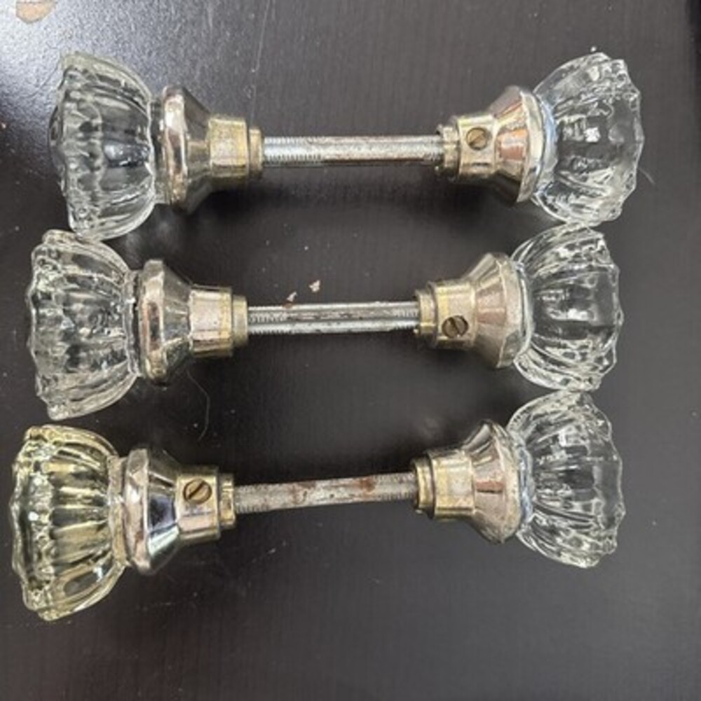 Vintage Clear Glass Door Knob Set Of 3 w/ Nickel Plated Brass Hardware Salvage
